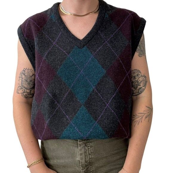 Vintage 1970s LL Bean Mens Lambswool Argyle Preppy Scottish Sweater Vest Sz L - Picture 9 of 9